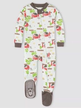 Burts Bees Farm-Print Footed Pajama Set in White with Brown Trim